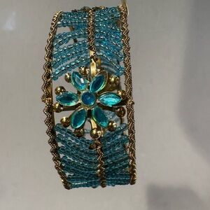Boho Blue Beaded Cuff Bracelet with Turquoise Flower Detail